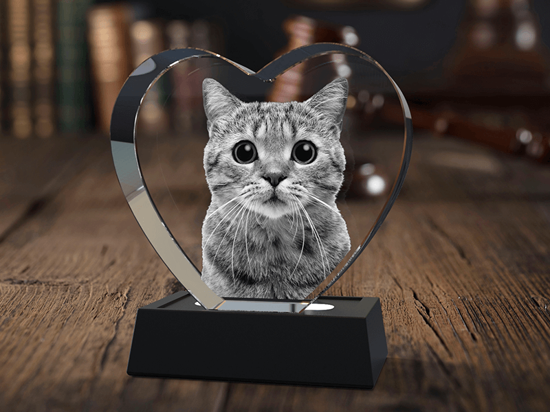3D photo crystal heart with cat laser engraving