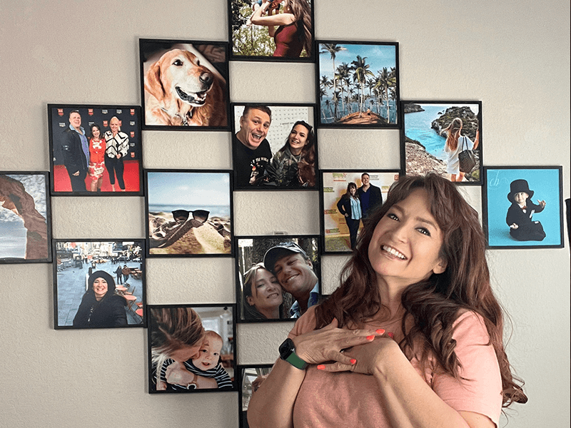 a wall with 16 stickable photo tiles