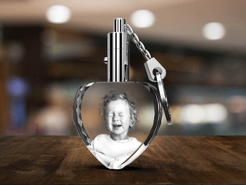 3D photo crystal keychain with a baby engraved inside