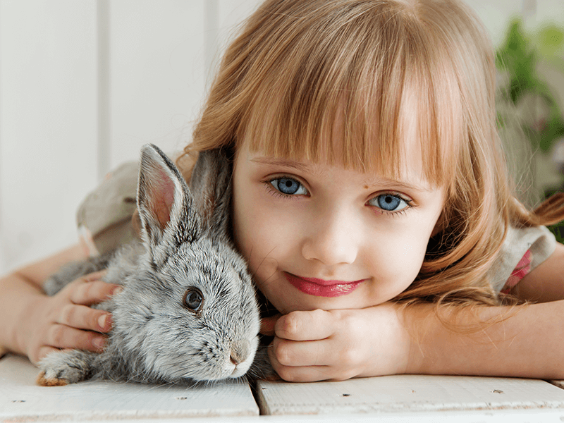 young girl hugging a rabbit
