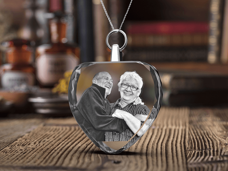 adult couple engraved in a photo crystal heart necklace
