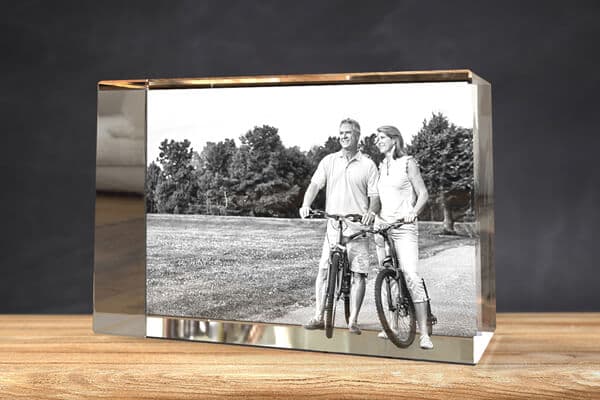 Happy couple image with outdoor background engraved on 3D photo crystal. 