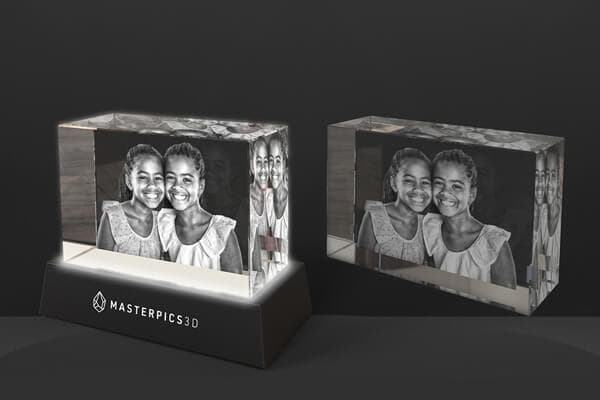 3D photo crystal cube with and without a wooden light base