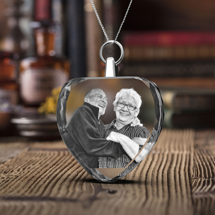 Happy couple image laser engraved in a 2D photo crystal heart necklace