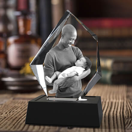 A 3D picture crystal iceberg with a photo of a father and son engraved inside