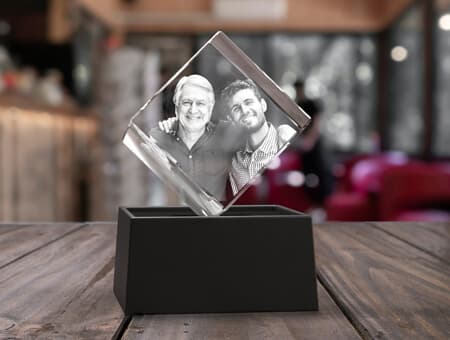 Father and son photo laser engraved in a 3D glass cube.